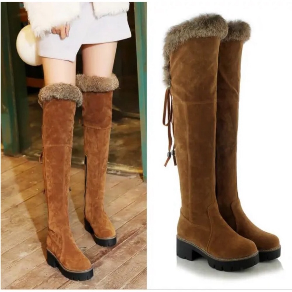 New Brown Vegan Suede Faux Fur and Lined Over The Knee High Flat Heel Boots